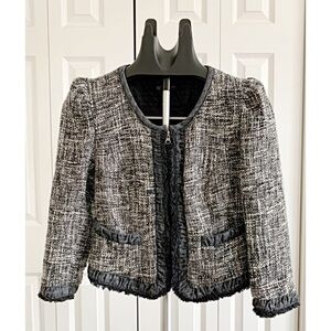 INC Sz PP Boucle Jacket Salt / Pepper w/ Denim Frayed Trim